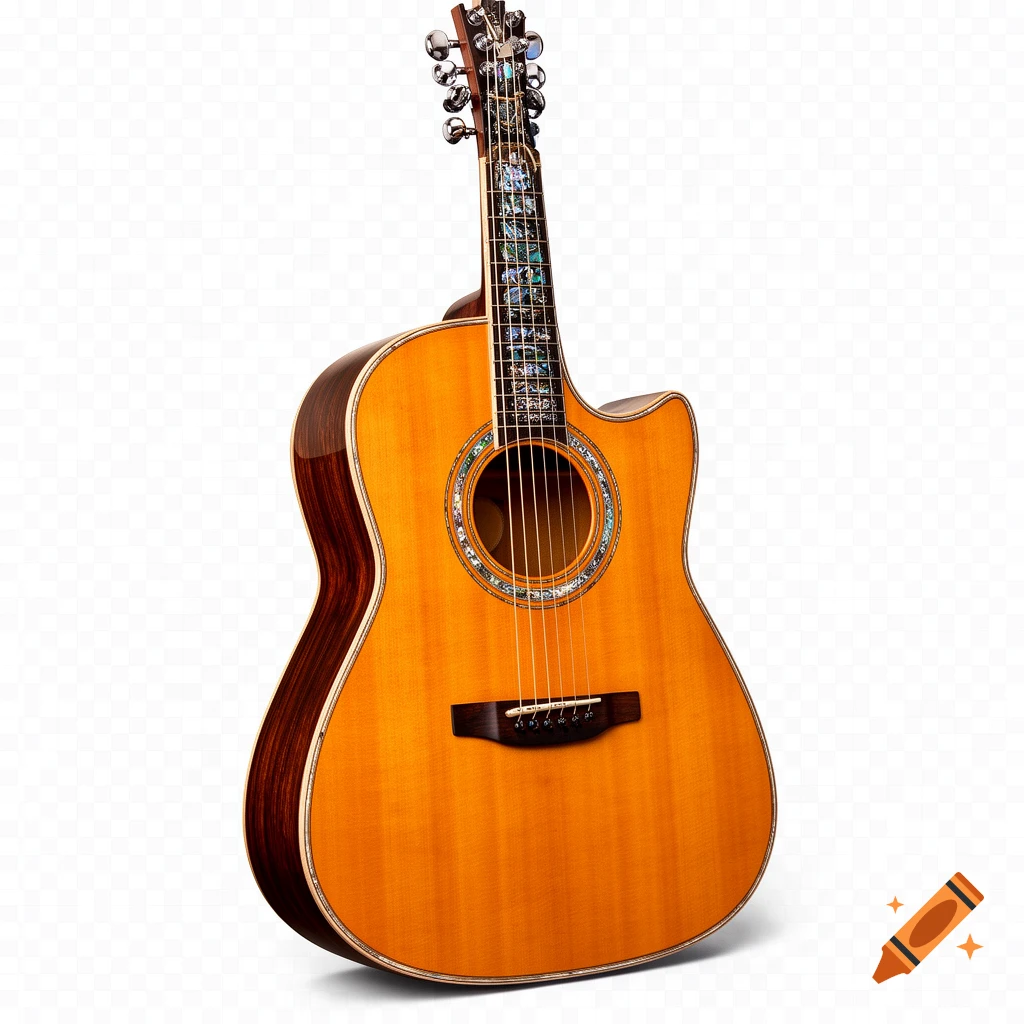 A detailed acoustic guitar with a cutaway body, decorative fretboard inlays, and a transparent background.
