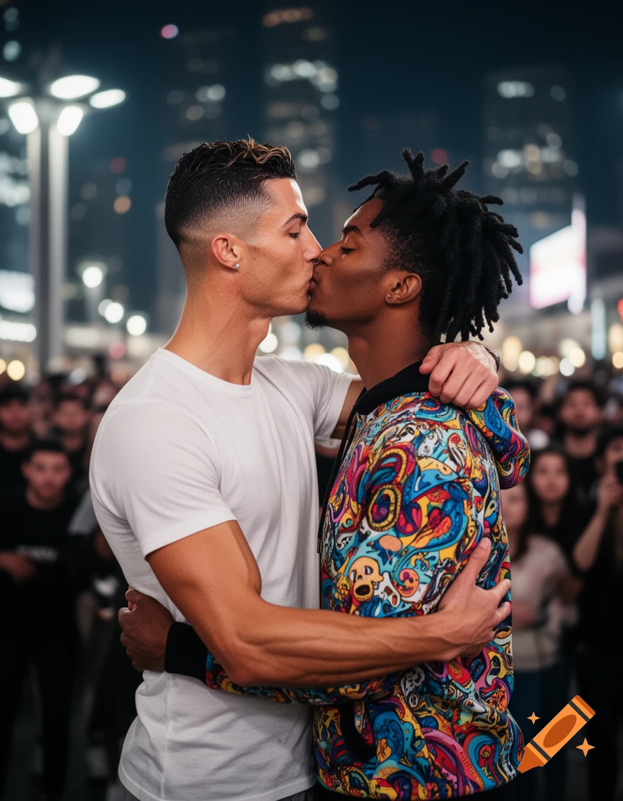Two men, one with a fade haircut and white t-shirt, the other with dreadlocks and a colorful hoodie, kiss in a city street at night.