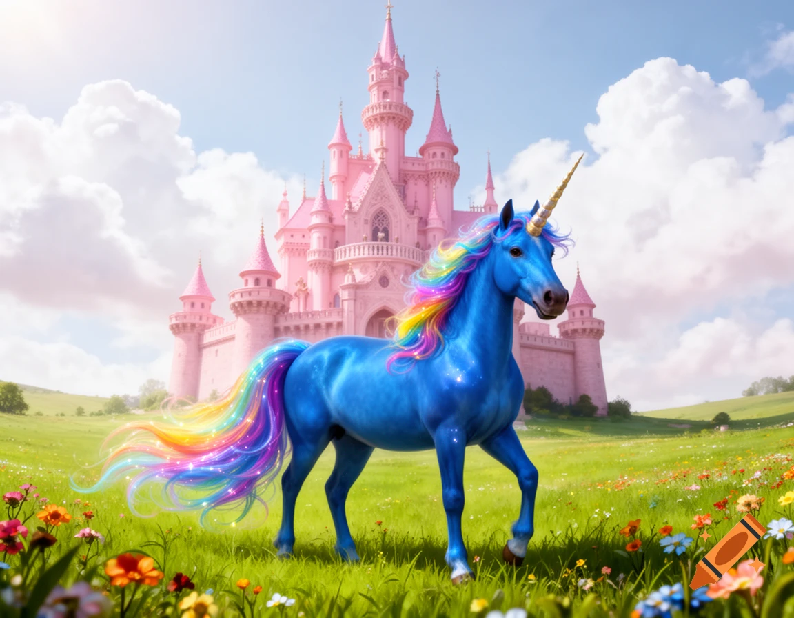 A vibrant blue unicorn with a flowing rainbow mane and tail stands in a field of wildflowers before a grand pink fairy tale castle.