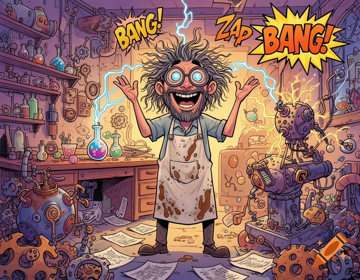 A proud, wild-haired cartoon inventor stands in his messy lab amidst beakers and machinery, with comic 'BANG!' and 'ZAP!' effects.