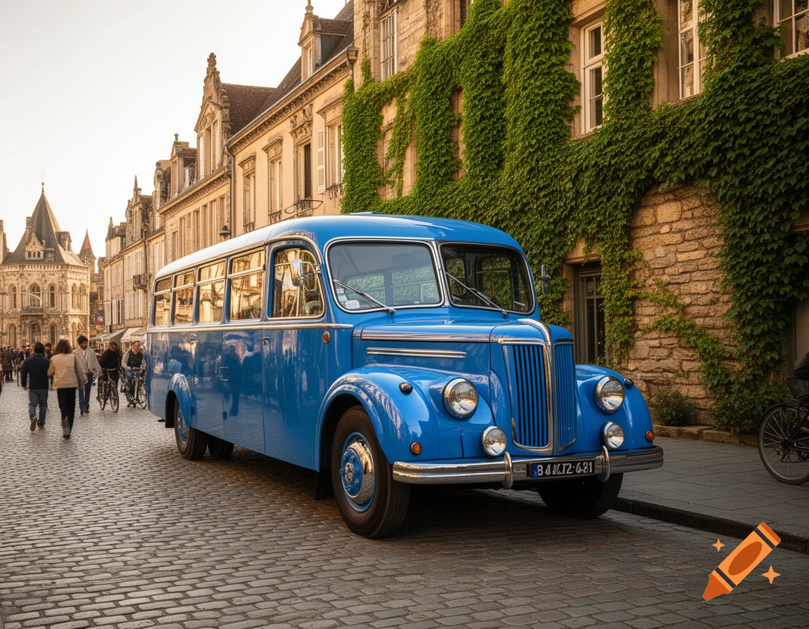 A photorealistic bright blue vintage bus parked on a cobblestone street in a historic European town at sunset, with people walking nearby.