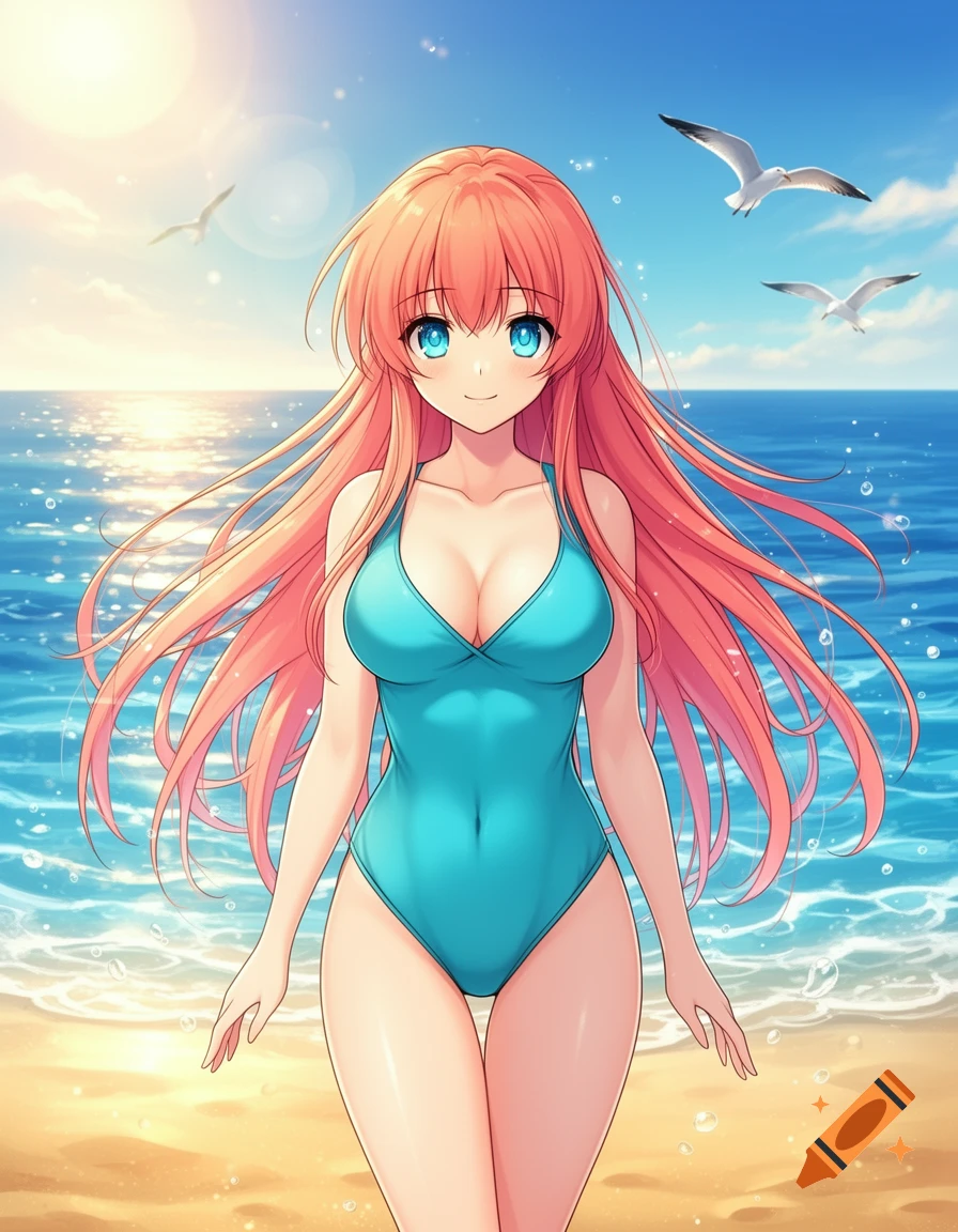 Anime girl with long pink hair and blue eyes in a blue swimsuit on a sunny beach, with ocean and seagulls in the background.