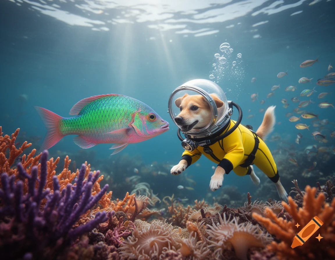 A Shiba Inu dog in a yellow diving suit with a clear helmet swims face-to-face with a colorful fish in a vibrant coral reef.