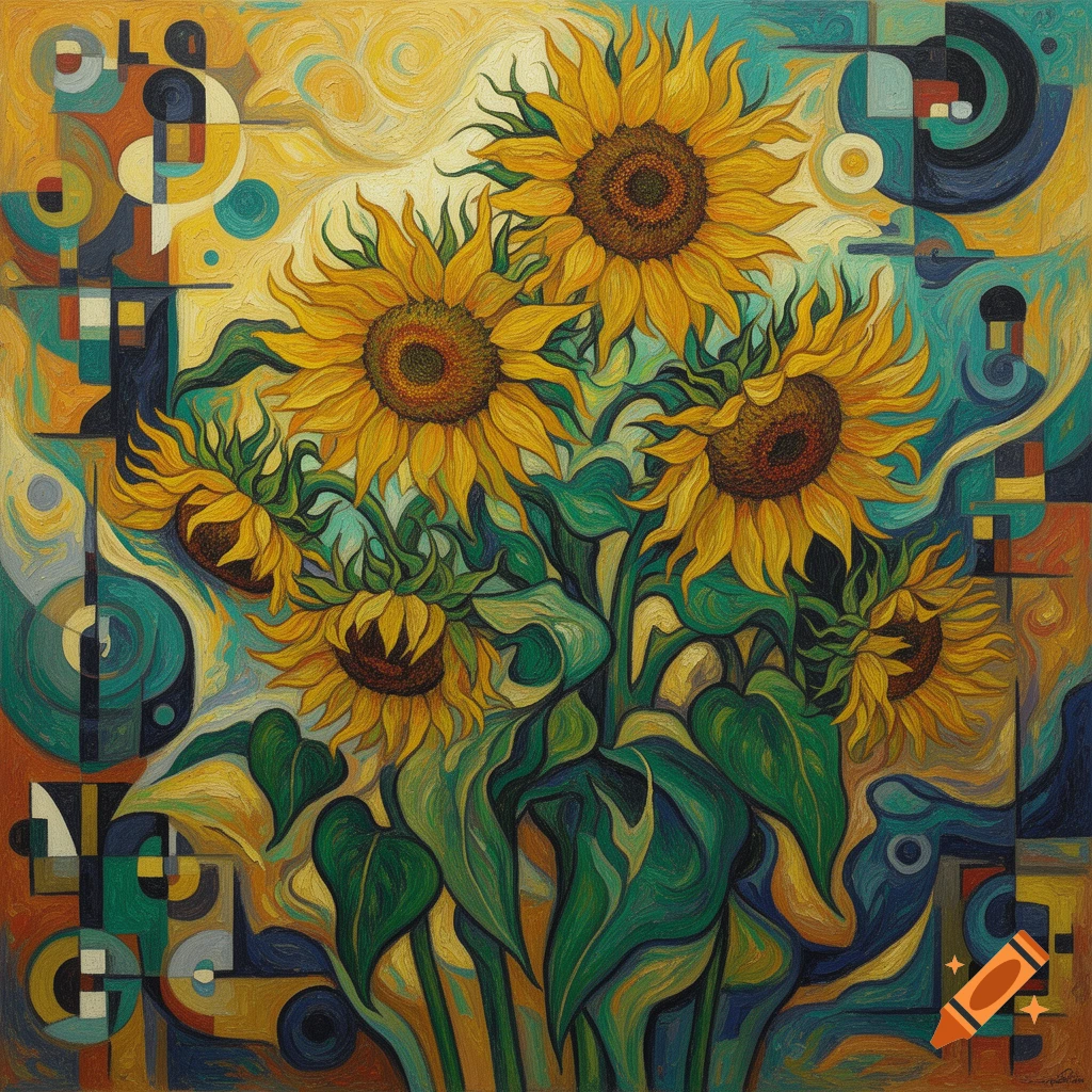 Vibrant abstract painting of sunflowers with a blend of swirling and geometric patterns in rich yellows, greens, and blues.