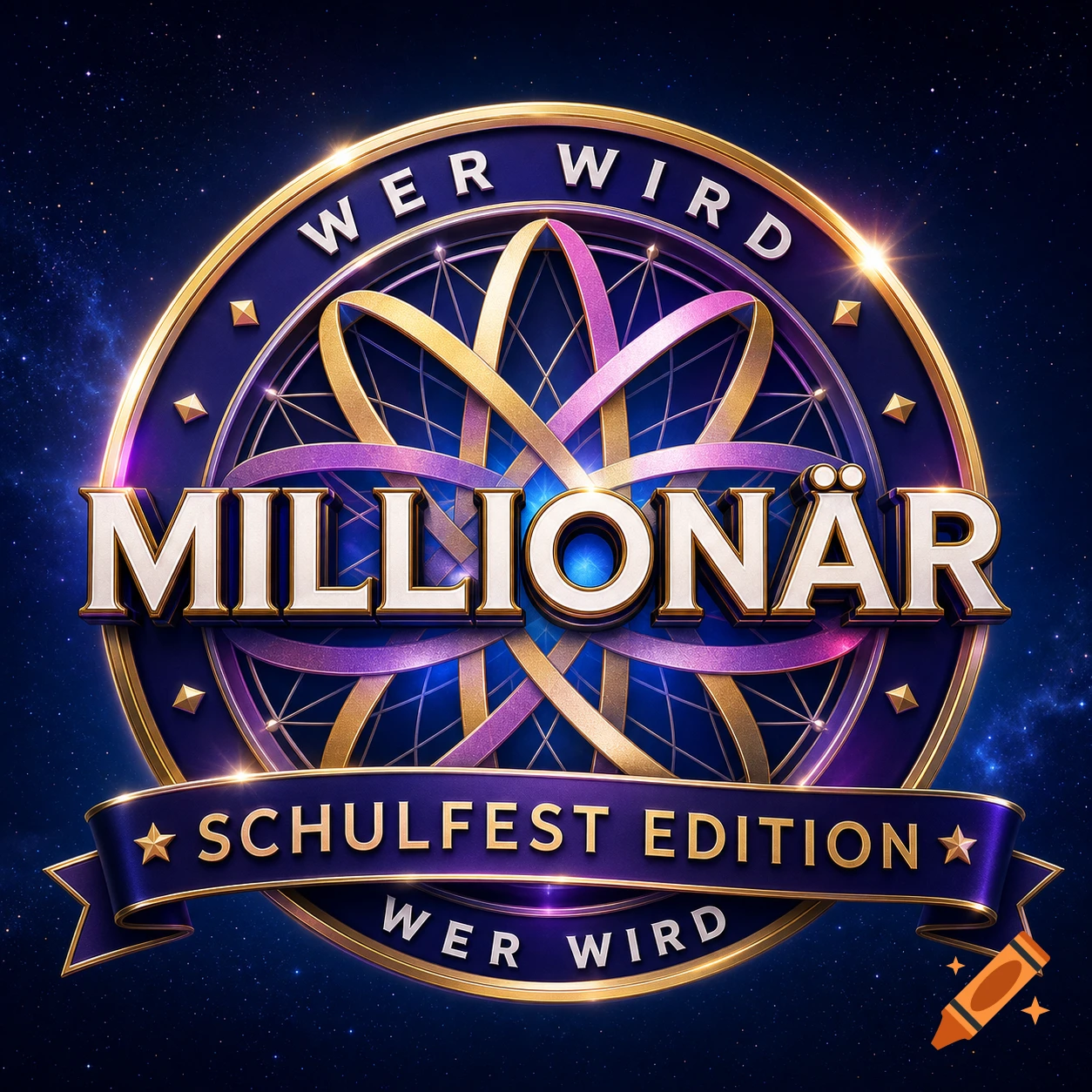 Gold and purple 'Wer wird Millionär Schulfest Edition' logo on a starry dark blue background, featuring ornate rings.