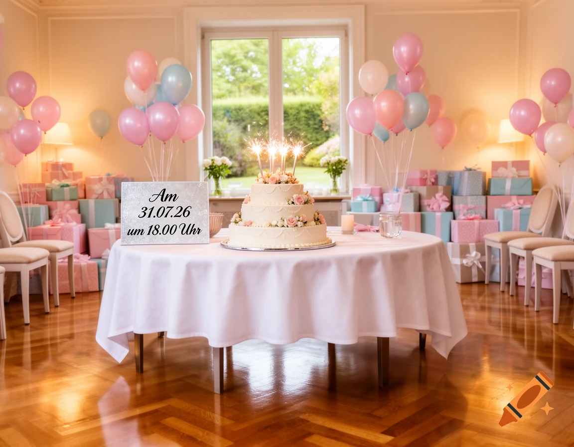A room decorated for a celebration with a tiered cake with sparklers, balloons, and numerous wrapped gifts.