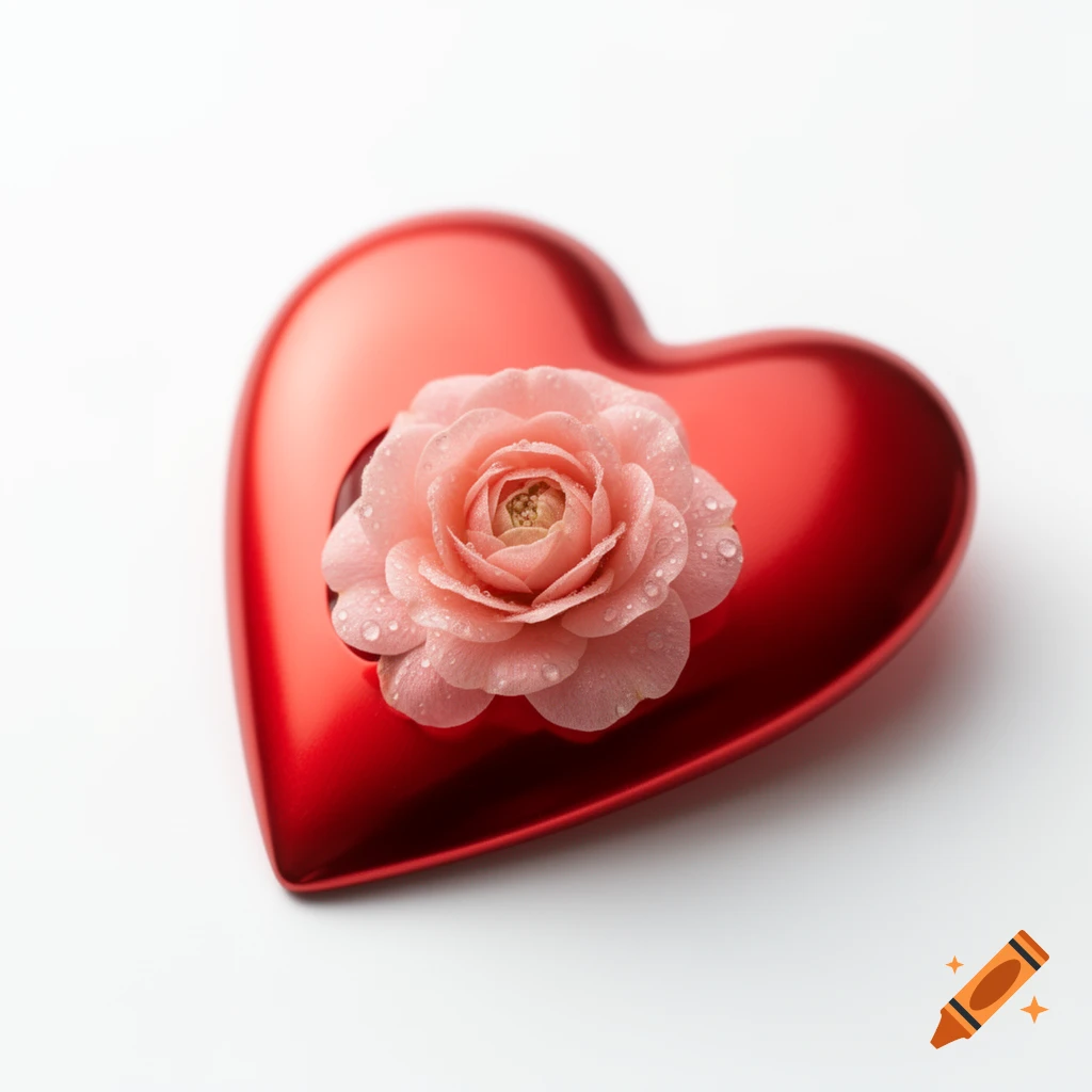 A vibrant red heart-shaped dish holds a delicate pink camellia flower with water droplets, centered on a white background.