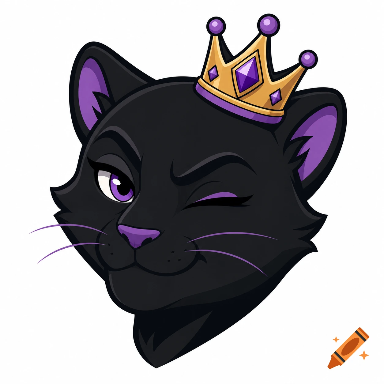 A cartoon black panther head winks, wearing a gold and purple jeweled crown.