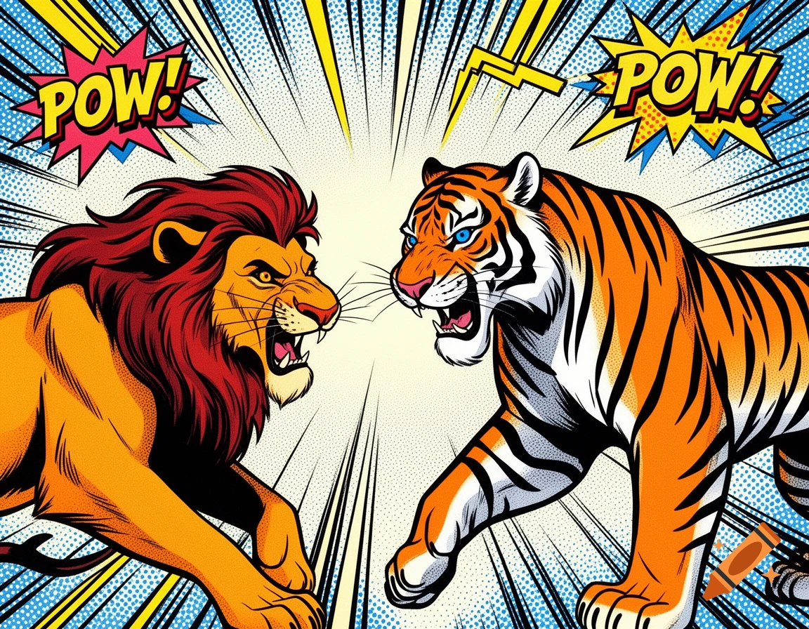 A pop art comic style illustration of a lion and a tiger roaring at each other, with "POW!" speech bubbles.