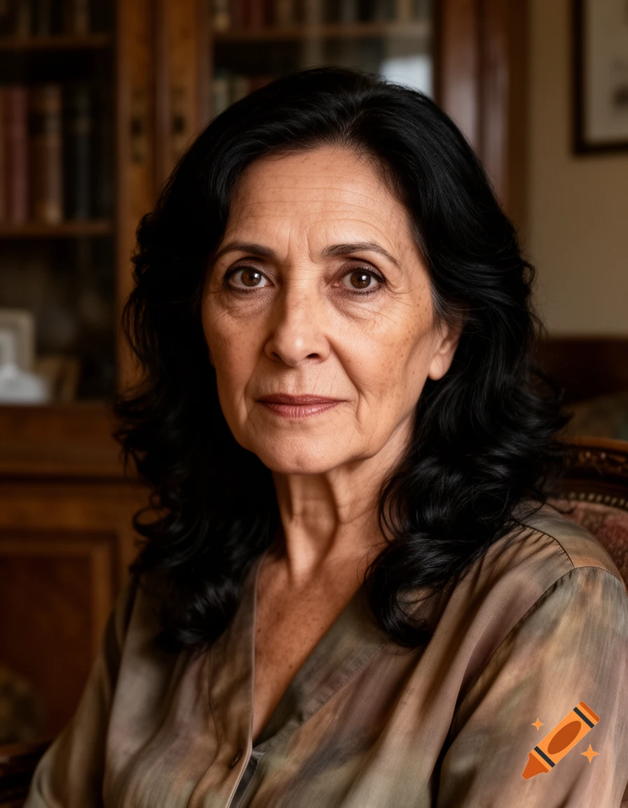 Close-up portrait of an older woman with dark hair and brown eyes, wearing a patterned blouse, against a blurred bookshelf background.