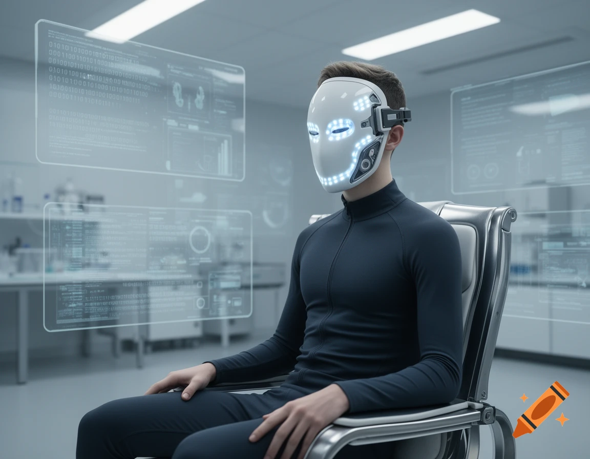 Person in black suit with glowing white robotic mask sits amidst holographic screens in a futuristic, clean lab setting.