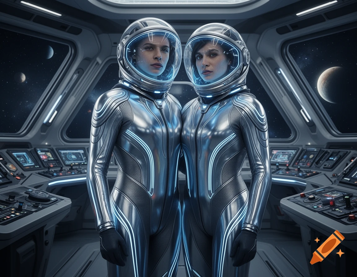 Two women in sleek, metallic spacesuits stand in a futuristic spaceship cockpit with planets visible outside.