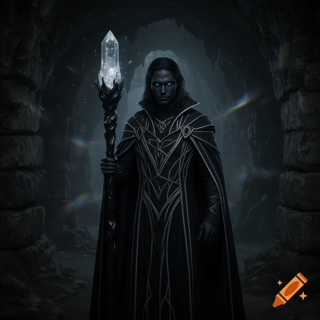 A male drow with glowing blue eyes, wearing black robes with silver trim, stands in a dark cave holding a staff with a clear crystal.