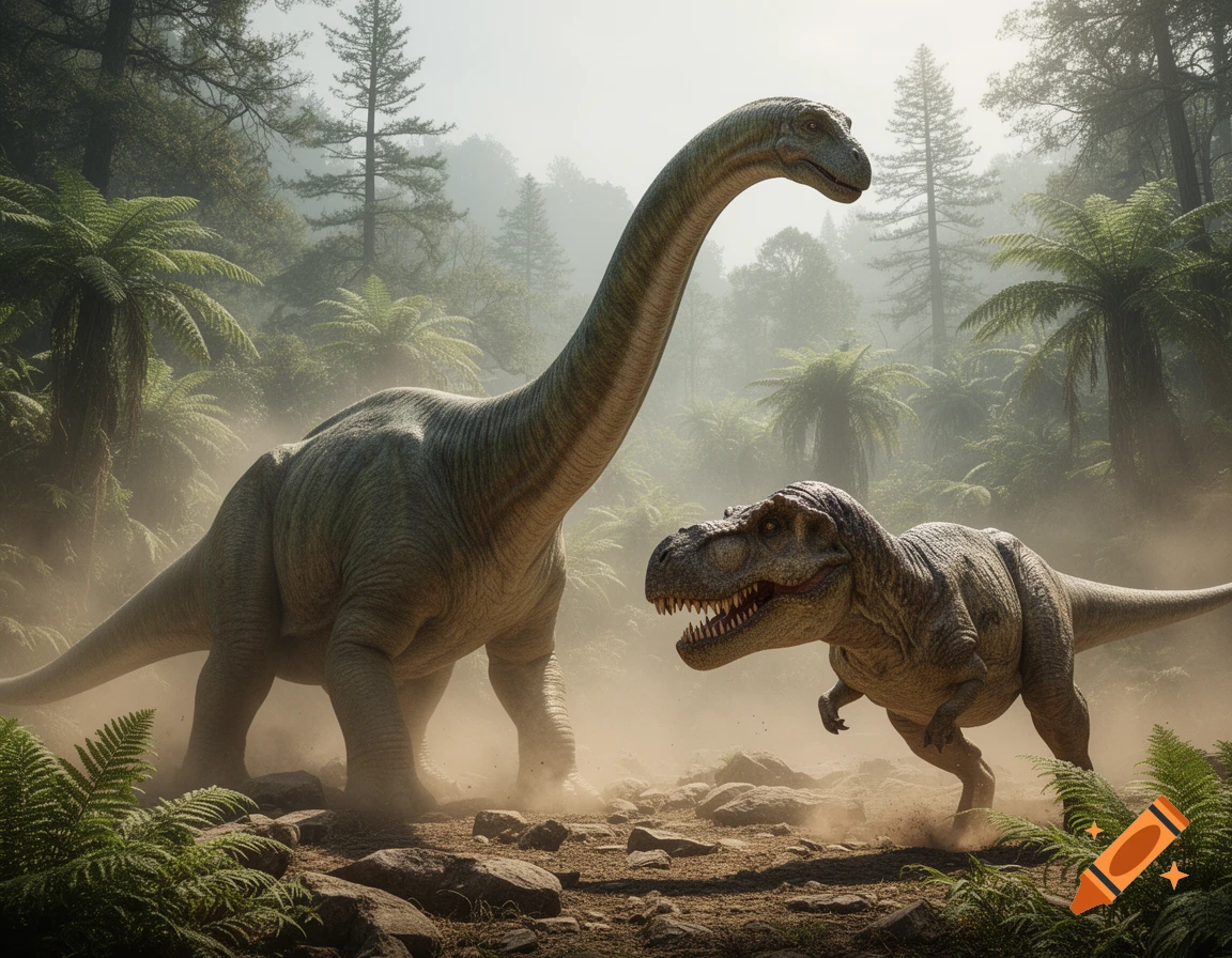 A large Brontosaurus and a Tyrannosaurus Rex confront each other in a dusty, lush prehistoric jungle.