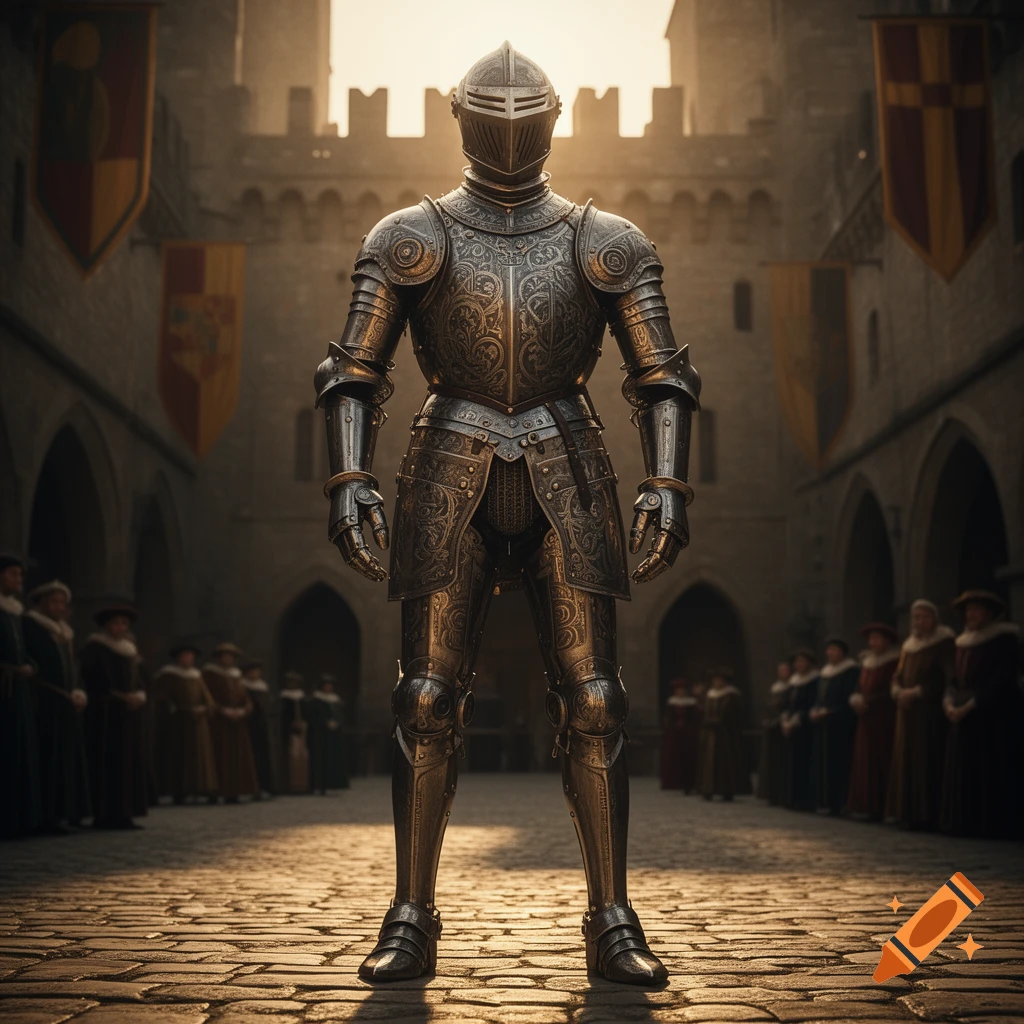 A photorealistic image of an ornate knight in full armor standing in a castle courtyard with blurred figures and banners in the background.