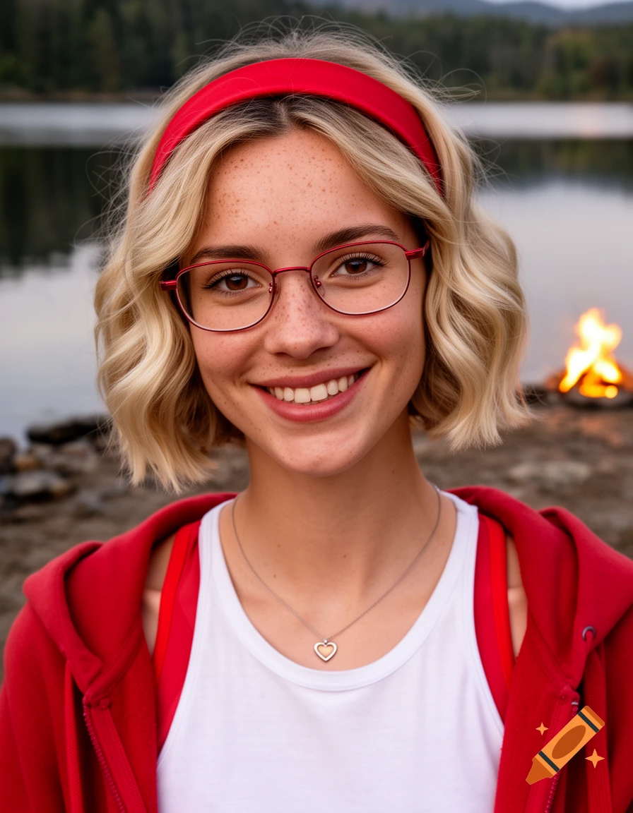 A young woman with blonde bob hair, a red headband, and red-framed glasses smiles by a lake with a campfire at dusk. Photorealistic.