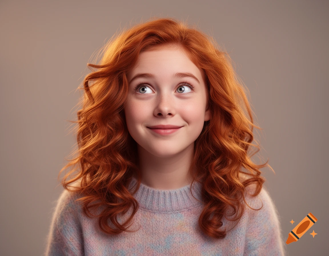 A photorealistic portrait of a smiling young girl with red curly hair and blue eyes, looking up.