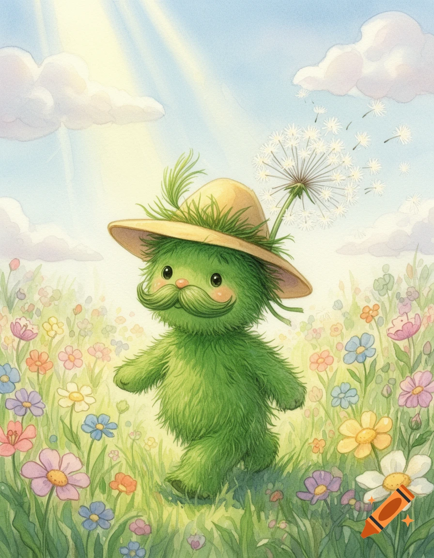 A cute, fuzzy green creature with a mustache and a straw hat walks through a colorful flower field under a sunny sky, in a watercolor children's illustration style.