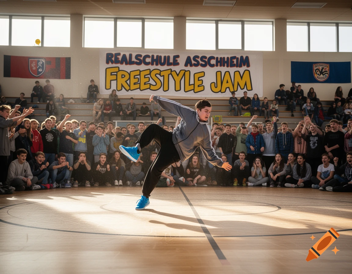 A student in a grey tracksuit and blue shoes performs a mid-air trick in a gym, surrounded by an excited student audience. A banner reads "REALSCHULE ASSCHHEIM FREESTYLE JAM".