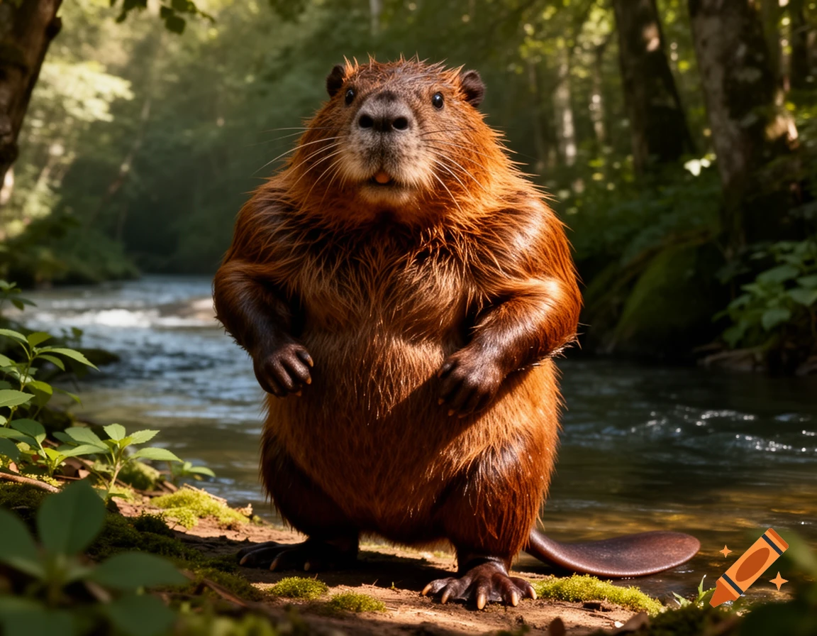 A photorealistic, muscular beaver stands proudly by a river in a sunlit forest.