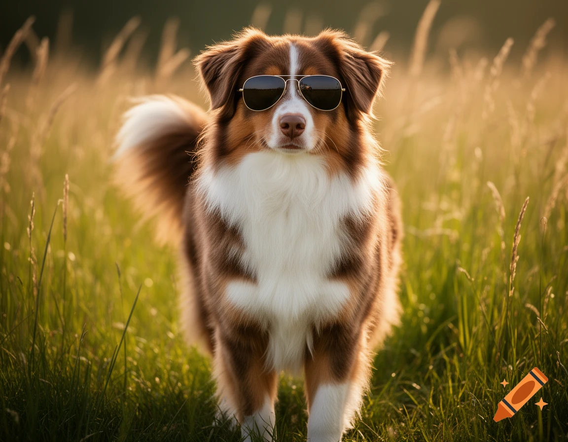 A photorealistic Australian Shepherd with sunglasses stands in a sunlit grassy field.