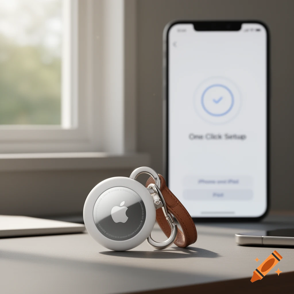 An Apple AirTag with a brown leather keychain attachment sits on a table next to a blurred iPhone displaying "One Click Setup".