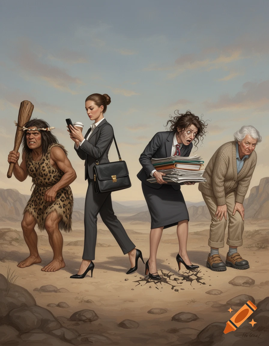 Illustrative artwork depicting four women representing stages of work life: a cavewoman, a modern businesswoman, an overloaded office worker, and an elderly woman.