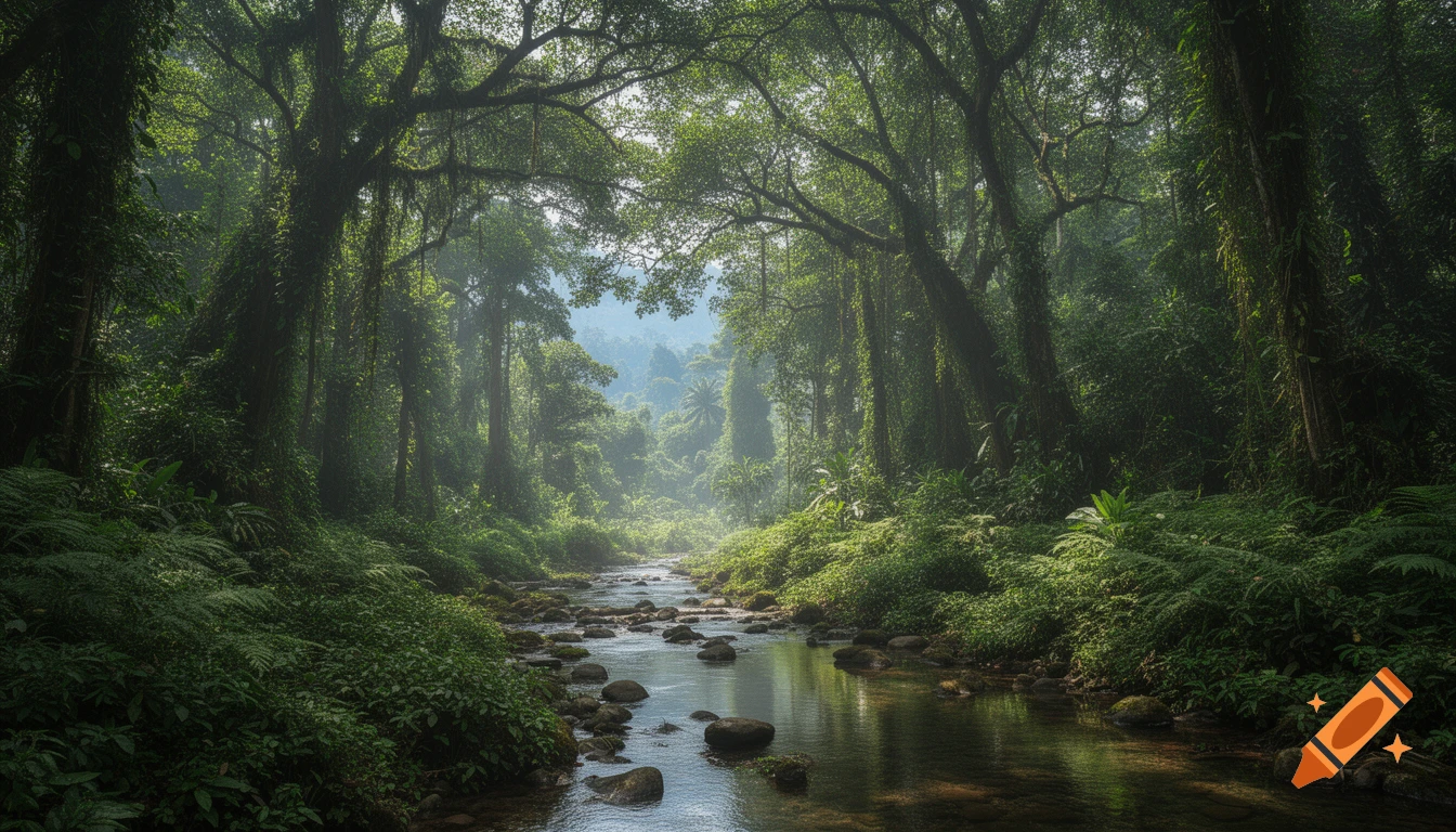 Lush, sunlit rainforest with a rocky stream winding through dense green foliage.