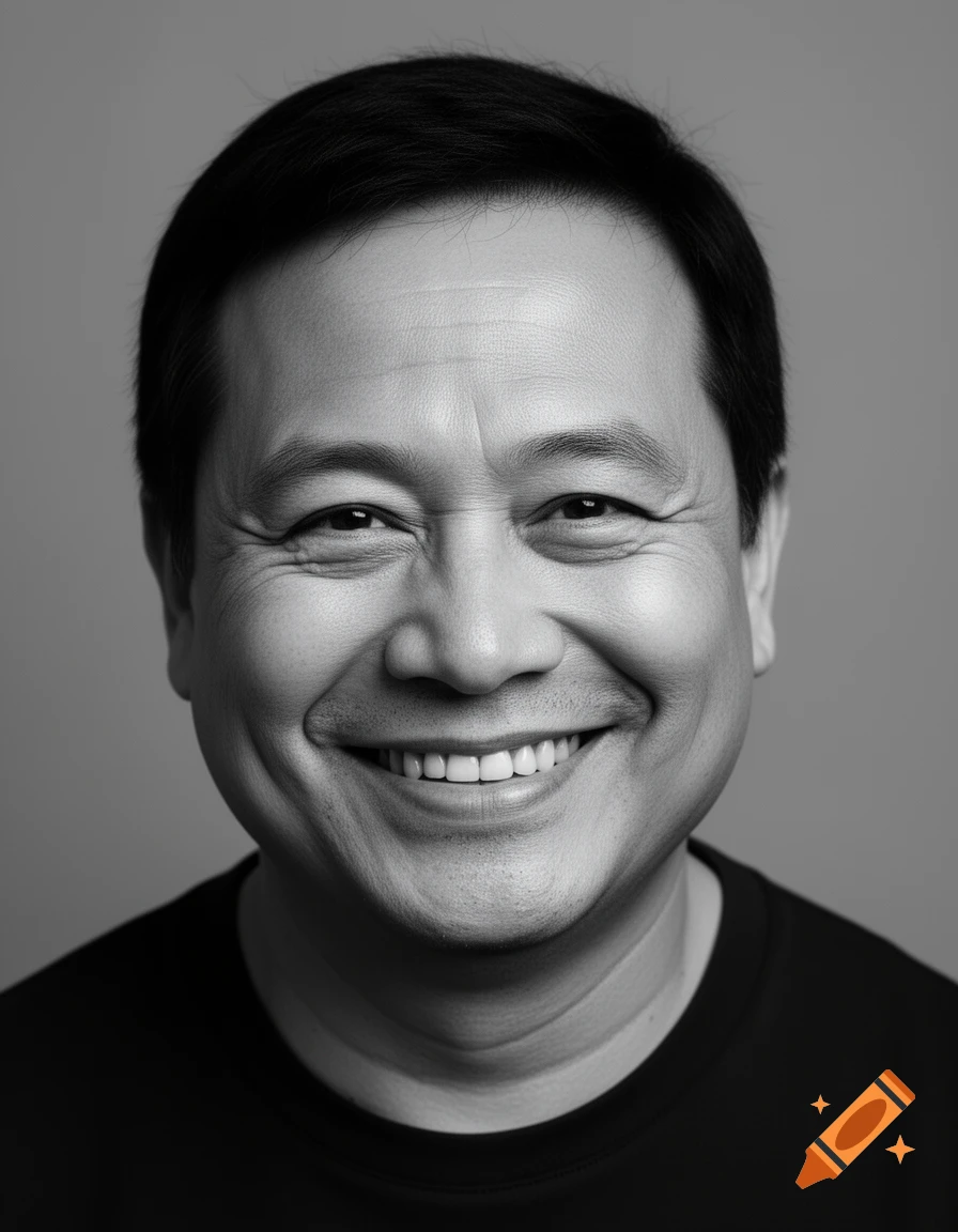 Black and white close-up studio portrait of a smiling middle-aged man with short black hair.