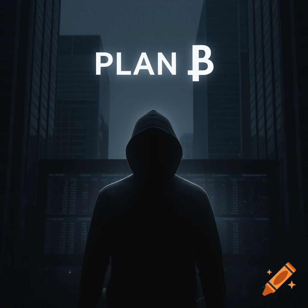 A mysterious hooded figure in silhouette stands before a dark, futuristic cityscape with the glowing text 'PLAN ' above.