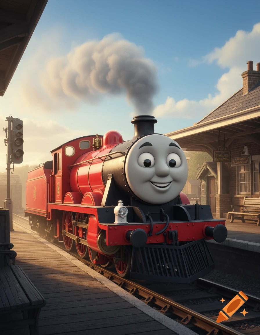 James the Red Engine with a smiling face at a sunlit train station platform, steam rising from his funnel. Photorealistic style.