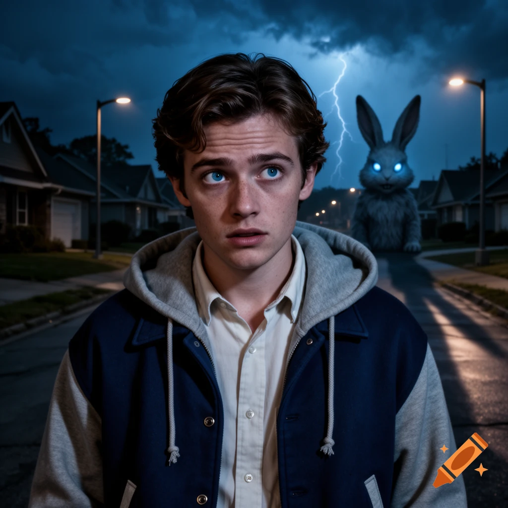Young man looks up in a suburban street as lightning strikes, a giant rabbit with glowing eyes looms behind him, surreal photo.