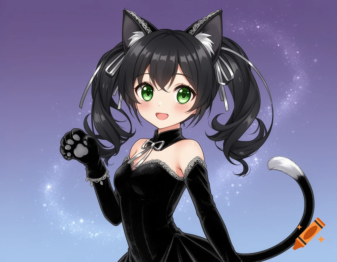 A cute anime girl in a black cat costume with green eyes and black pigtails, posing against a sparkling purple background.