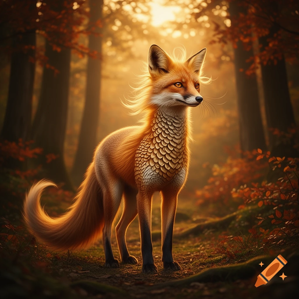 A majestic fox-like creature with scales on its chest stands in a sun-drenched autumn forest.