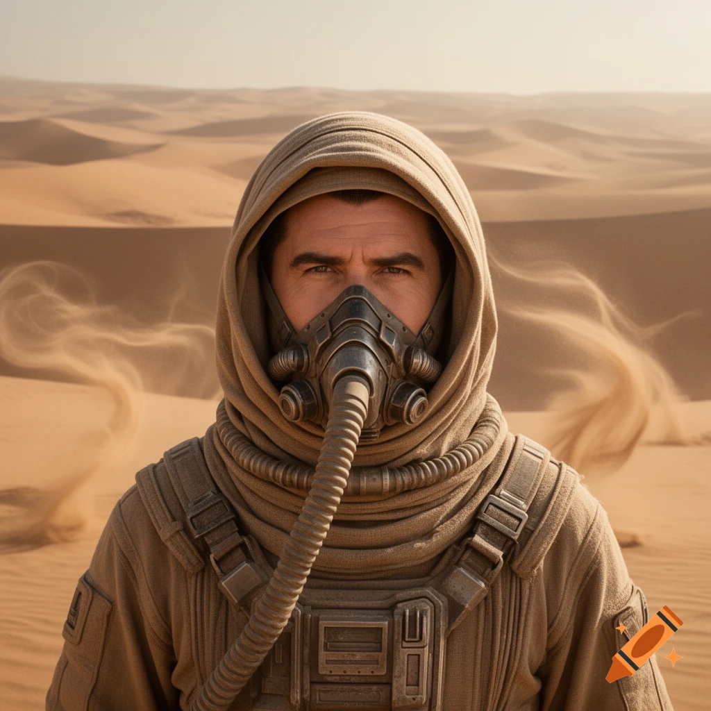 A photorealistic portrait of a man in a desert, wearing a hooded stillsuit and a respirator mask.