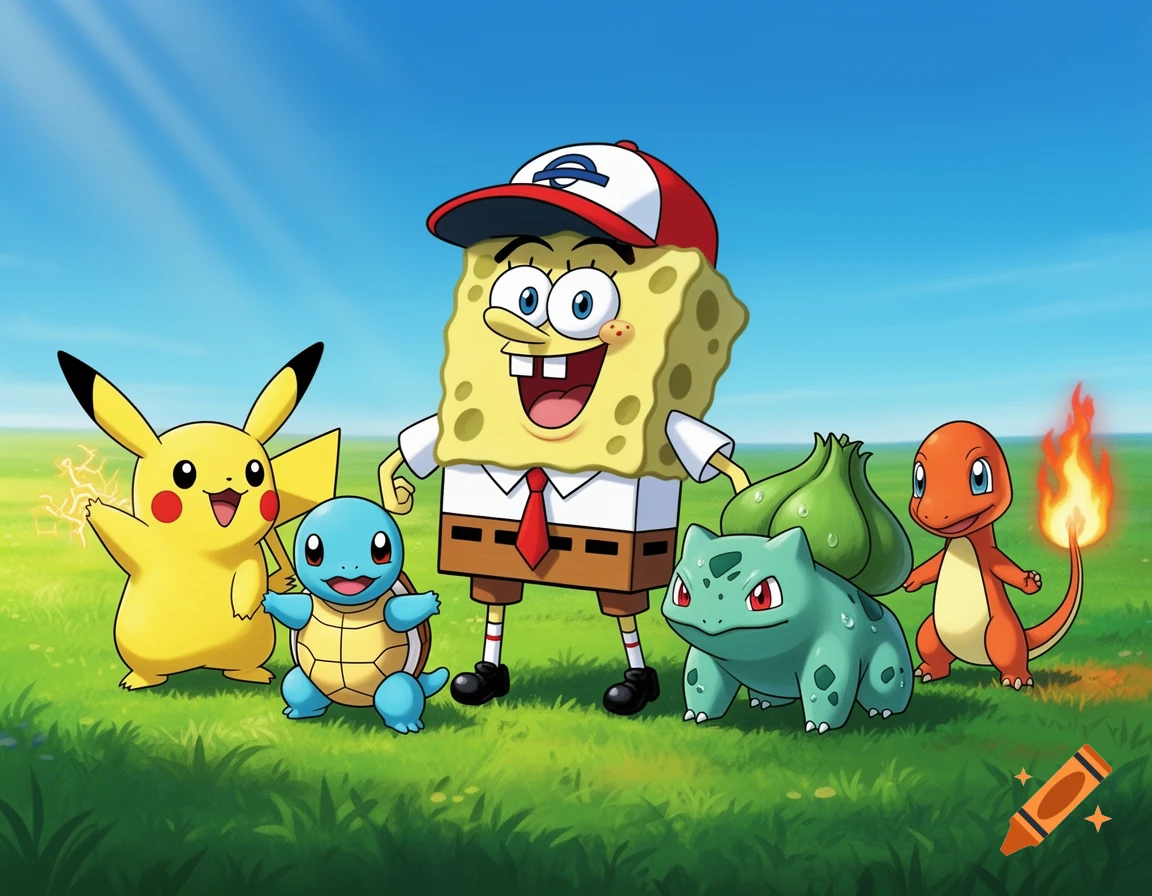 Spongebob dressed as a Pokemon trainer, standing with Pikachu, Squirtle, Bulbasaur, and Charmander in a grassy field.