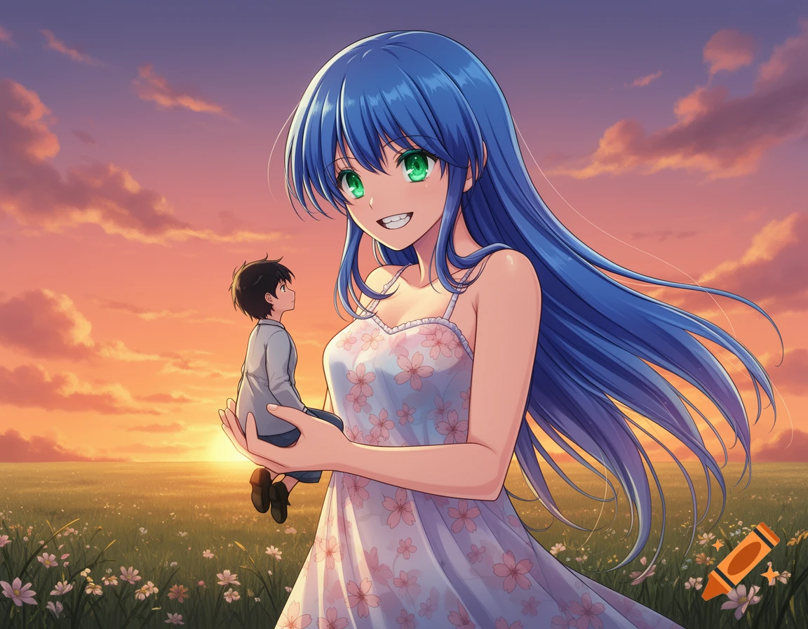 A giant anime girl with blue hair and green eyes holds a miniature man in a flowery field at sunset.