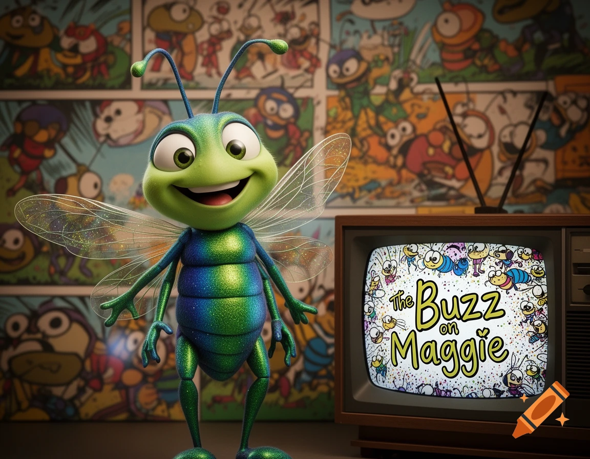 A smiling cartoon bug character with a shiny green and blue body and clear wings stands next to a TV showing 'The Buzz on Maggie' title.
