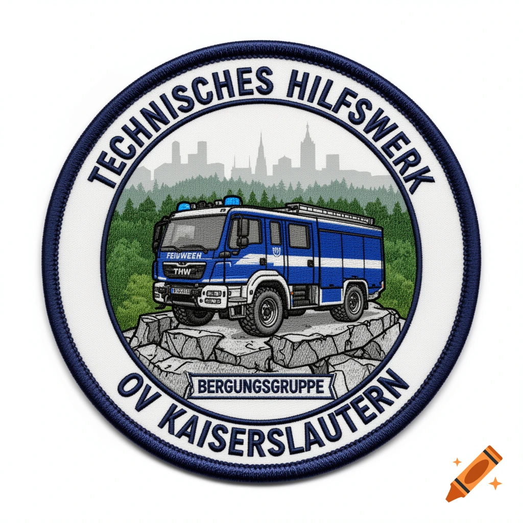 A circular embroidered tactical patch for the German THW, featuring a blue rescue truck on rocks, with a city skyline and forest in the background. Text reads 'TECHNISCHES HILFSWERK OV KAISERSLAUTERN BERGUNGSGRUPPE'.