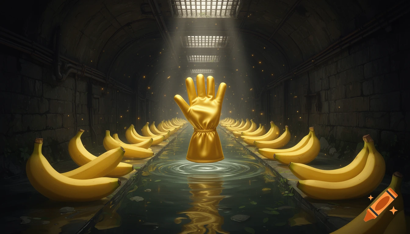 A glowing golden hand floats above water in a dark, narrow sewer tunnel lined with rows of yellow bananas.