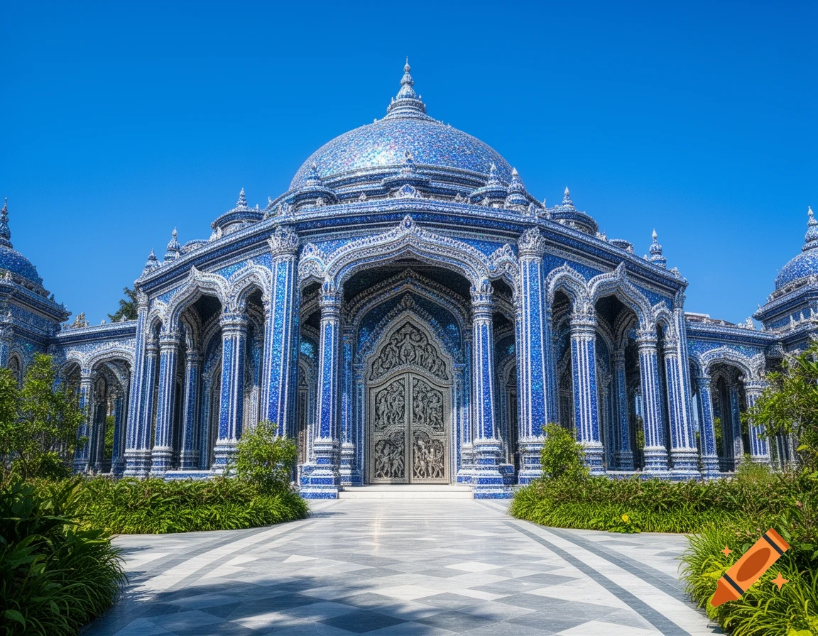 A grand, ornate blue and white tiled temple with a large dome and columns, set amidst green foliage under a clear blue sky.