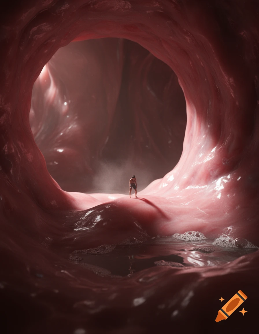 A tiny human figure stands on a fleshy, pinkish-red organic surface, looking into a vast, cavernous interior with dark liquid at the bottom.