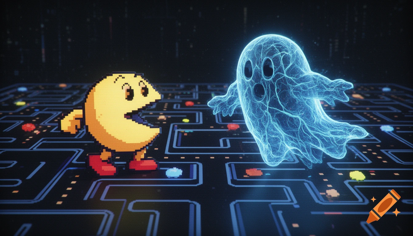 Pixelated Pacman walks on a digital maze, confronting a glowing blue AI neural network ghost in a retro-futuristic style.