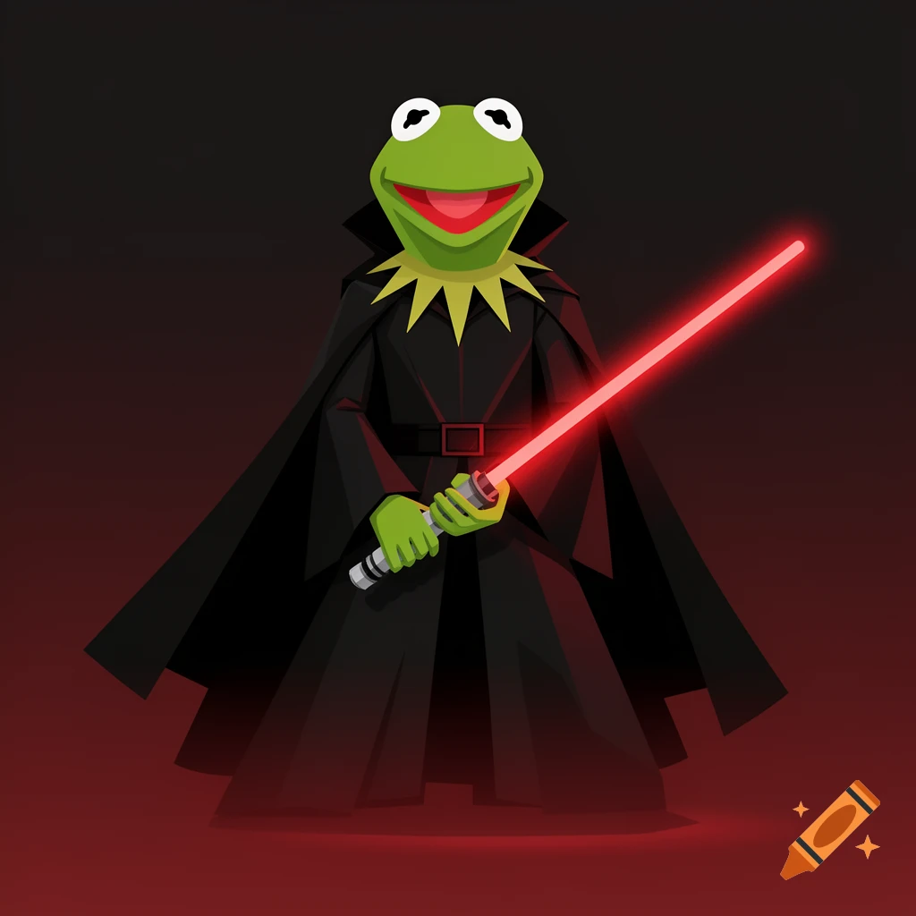 Kermit the Frog dressed as Darth Vader, wearing a black cloak and holding a red lightsaber in a pictogram style.
