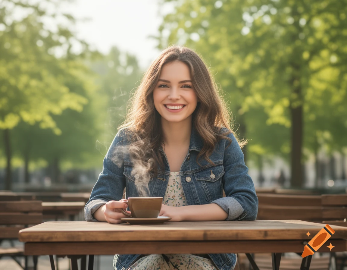 A smiling young woman in a denim jacket holds a steaming coffee cup at an outdoor cafe table with green trees in the background.