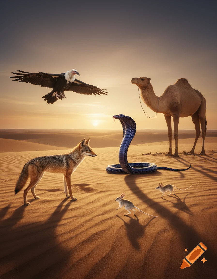 A photorealistic desert scene with a coyote, cobra, two jerboas, a flying vulture, and a camel under a sunset sky.