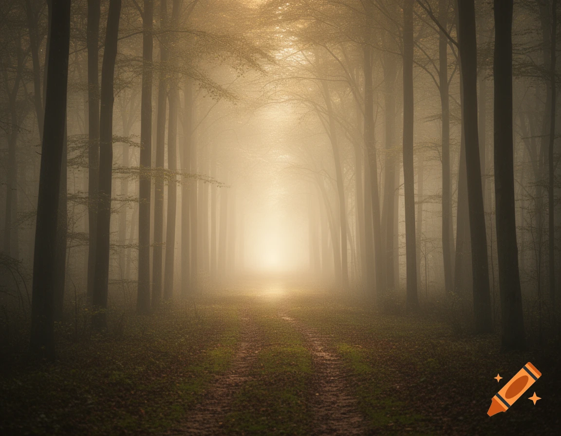 Misty forest path leading towards soft golden sunlight through tall trees.