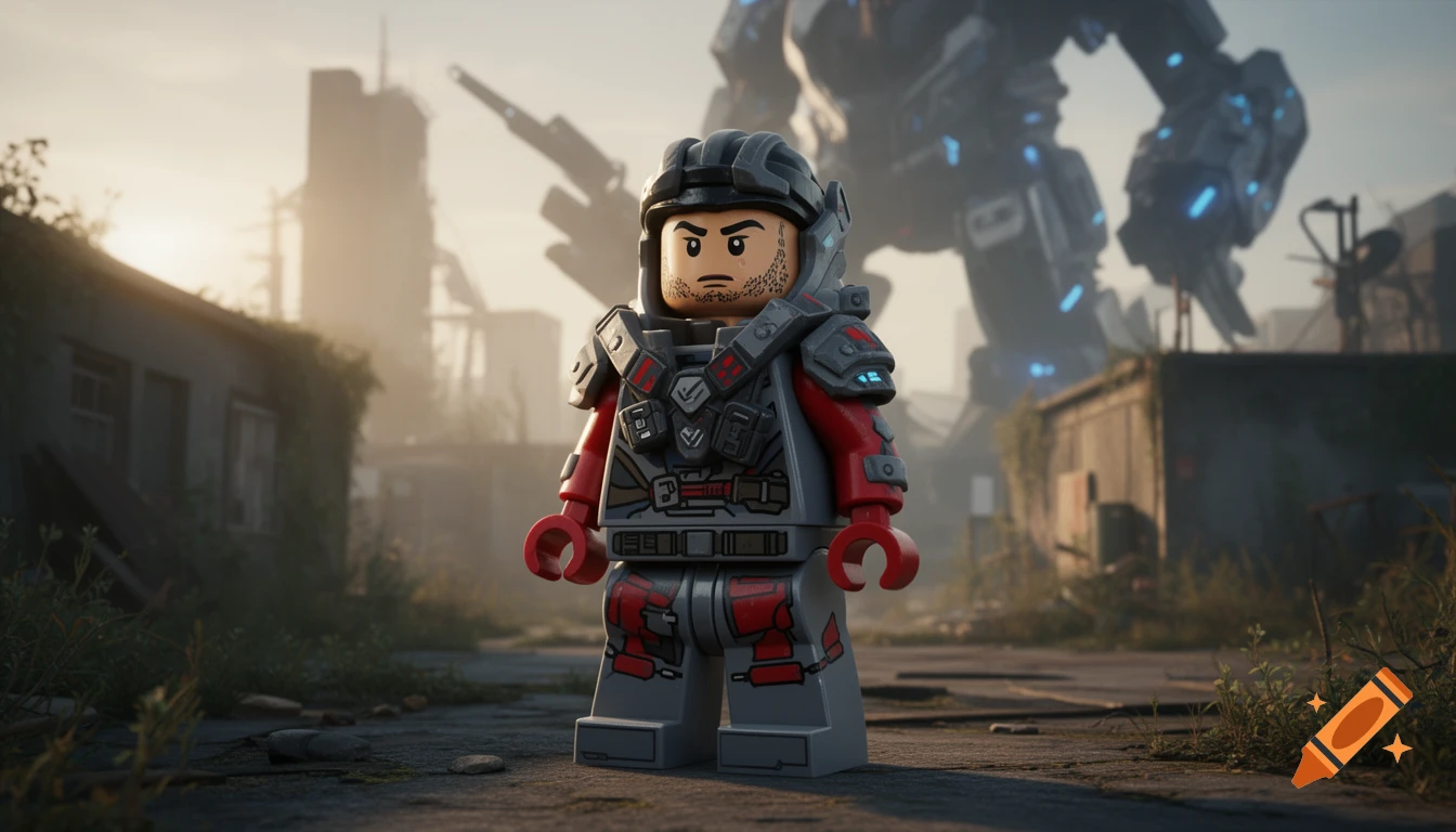 Photorealistic Lego minifigure in futuristic red and grey armor stands in an overgrown city with a giant mecha robot in the dusty background.