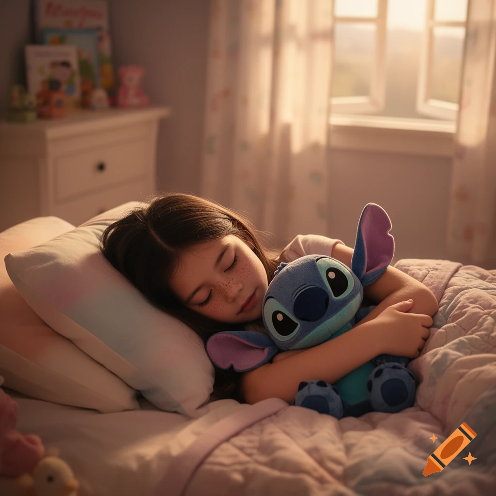 A young girl with freckles peacefully sleeps in bed, hugging a blue Stitch plush toy, bathed in soft morning light from a window.