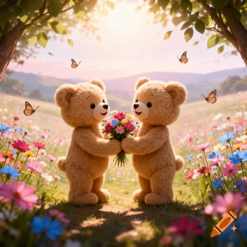 Two cute teddy bears exchange a colorful flower bouquet in a sunny, idyllic meadow with butterflies and lush trees.